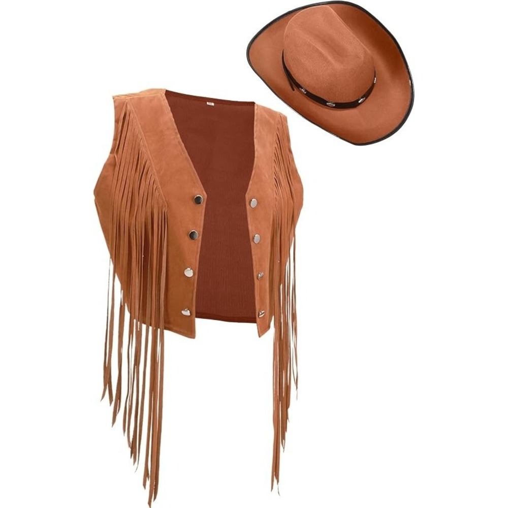 Yaomiao Womens Brown Fringe Vest and Cowboy Hat Western 70s Costume Set XXL